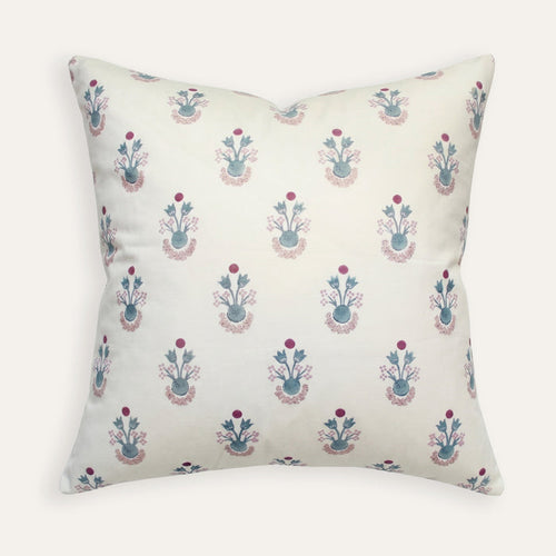 Lucie Harbor pillow with delicate blue and pink floral print on cream cotton, made-to-order, short lead times, USA quality craftsmanship