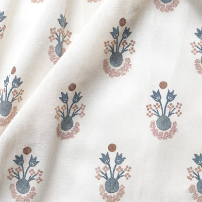 Lucie Harbor fabric featuring soft blue and muted rust floral motifs on sheer cream cotton, made-to-order, USA quality craftsmanship