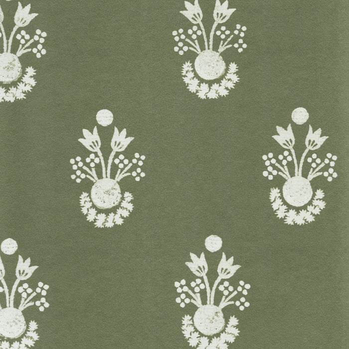 Lucie Olive fabric with white botanical motifs on olive background, made-to-order, short lead times, manufactured in the USA quality