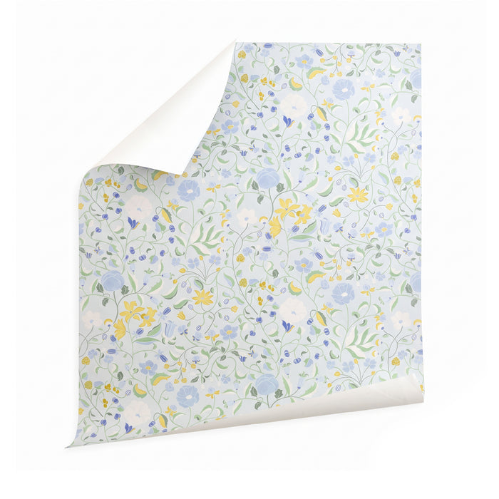 Lulie Eggshell floral wallpaper with blue, green and yellow botanical motifs, made to order in the USA with short lead times