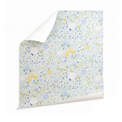 Lulie Eggshell floral wallpaper with blue, green and yellow botanical motifs, made to order in the USA with short lead times