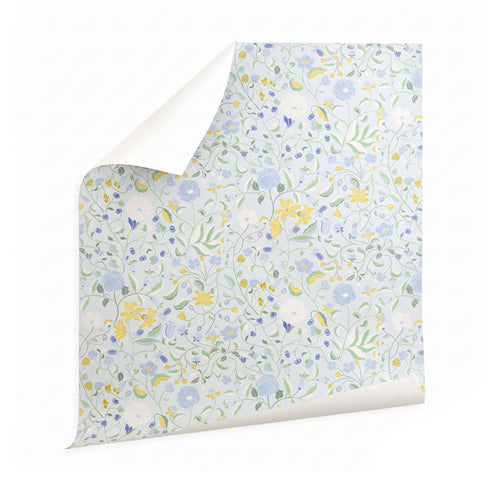 Lulie Eggshell floral wallpaper with blue, green and yellow botanical motifs, made to order in the USA with short lead times