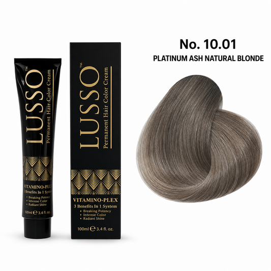 LUSSO Permanent Hair Colour Cream 100 ml No. 10.01 Platinum Ash Natural Blonde with colour swatch