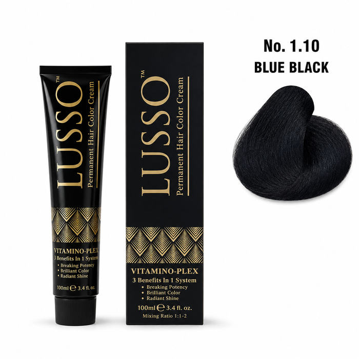 LUSSO Permanent Hair Colour Cream 100 ml No. 1.10 Blue Black with colour swatch