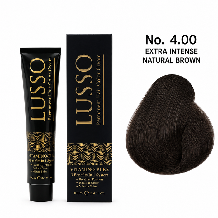 LUSSO Permanent Hair Colour Cream 100 ml No. 4.00 Extra Intense Natural Brown with colour swatch