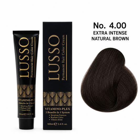 LUSSO Permanent Hair Colour Cream 100 ml No. 4.00 Extra Intense Natural Brown with colour swatch