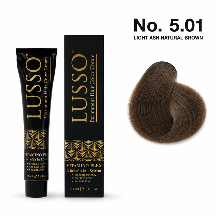 LUSSO Permanent Hair Colour Cream 100 ml No. 5.01 Light Ash Natural Brown with colour swatch