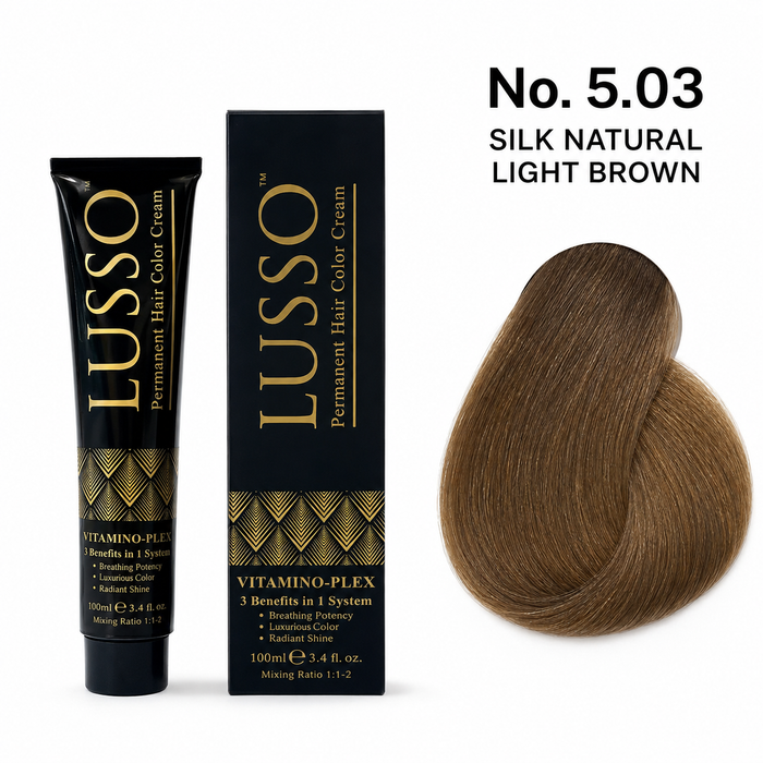 LUSSO Permanent Hair Colour Cream 100 ml No. 5.03 Silk Natural Light Brown with colour swatch