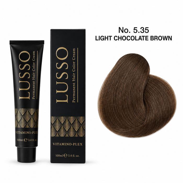LUSSO Permanent Hair Colour Cream 100 ml No. 5.35 Light Chocolate Brown with colour swatch