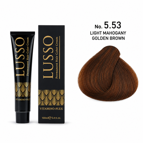LUSSO Permanent Hair Colour Cream 100 ml No. 5.53 Light Mahogany Golden Brown with colour swatch