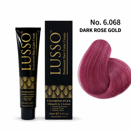 LUSSO Permanent Hair Colour Cream 100 ml No. 6.068 Dark Rose Gold with colour swatch