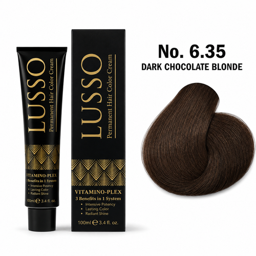LUSSO Permanent Hair Colour Cream 100 ml No. 6.35 Dark Chocolate Blonde with colour swatch