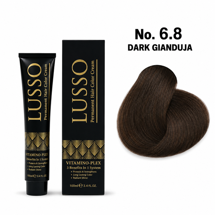LUSSO Permanent Hair Colour Cream 100 ml No. 6.8 Dark Gianduja with colour swatch