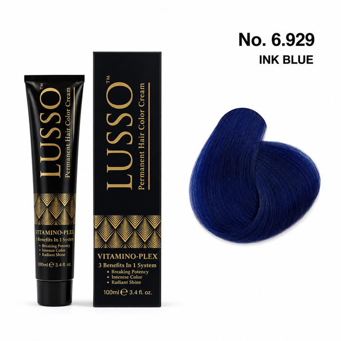 LUSSO Permanent Hair Colour Cream 100 ml No. 6.929 Ink Blue with colour swatch