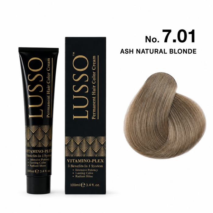 LUSSO Permanent Hair Colour Cream 100 ml No. 7.01 Ash Natural Blonde with colour swatch