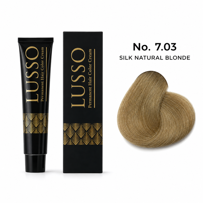 LUSSO Permanent Hair Colour Cream 100 ml No. 7.03 Silk Natural Blonde with colour swatch