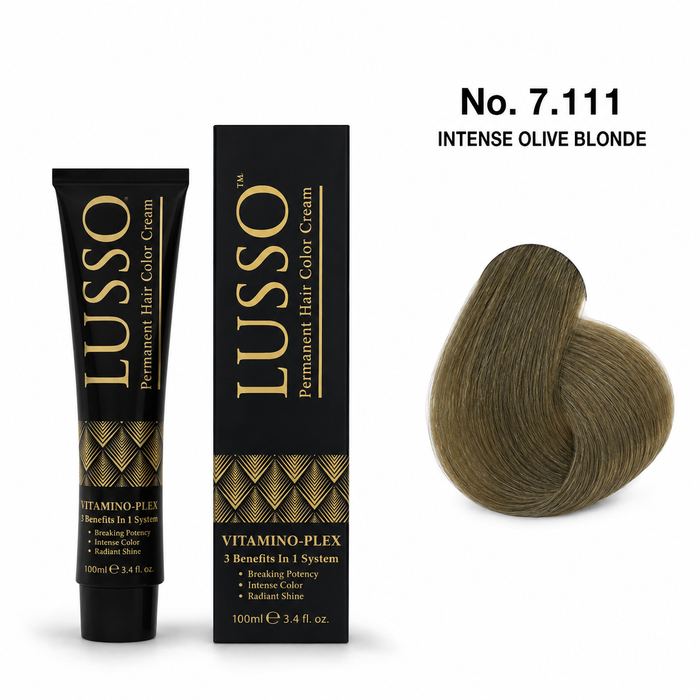 LUSSO Permanent Hair Colour Cream 100 ml No. 7.111 Intense Olive Blonde with colour swatch
