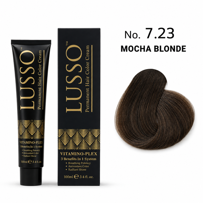 LUSSO Permanent Hair Colour Cream 100 ml No. 7.23 Mocha Blonde with colour swatch