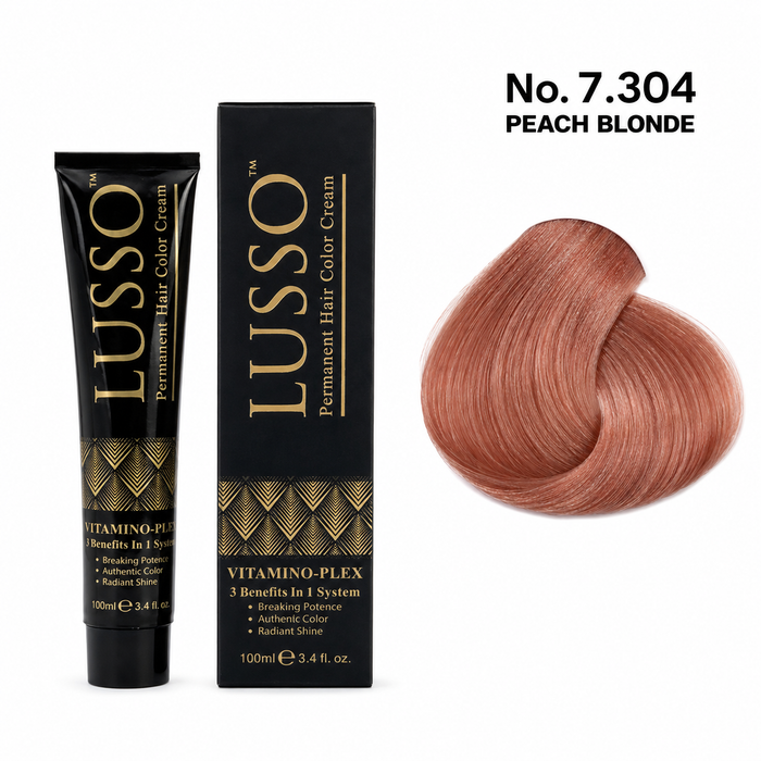LUSSO Permanent Hair Colour Cream 100 ml No. 7.304 Peach Blonde with colour swatch