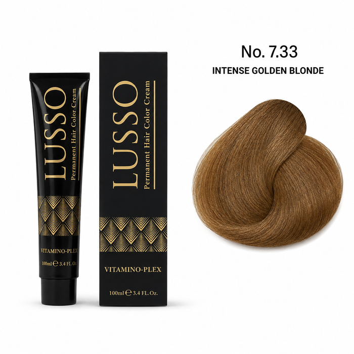 LUSSO Permanent Hair Colour Cream 100 ml No. 7.33 Intense Golden Blonde with colour swatch