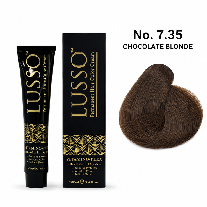 LUSSO Permanent Hair Colour Cream 100 ml No. 7.35 Chocolate Blonde with colour swatch