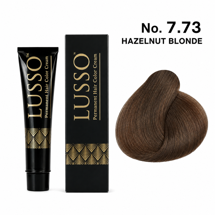 LUSSO Permanent Hair Colour Cream 100 ml No. 7.73 Hazelnut Blonde with colour swatch