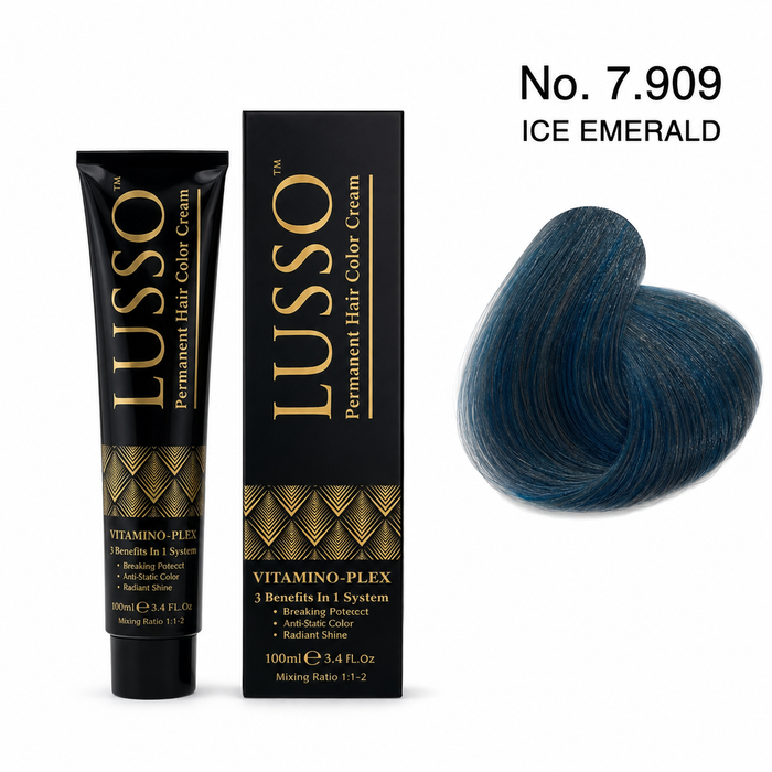 LUSSO Permanent Hair Colour Cream 100 ml No. 7.909 Ice Emerald with colour swatch