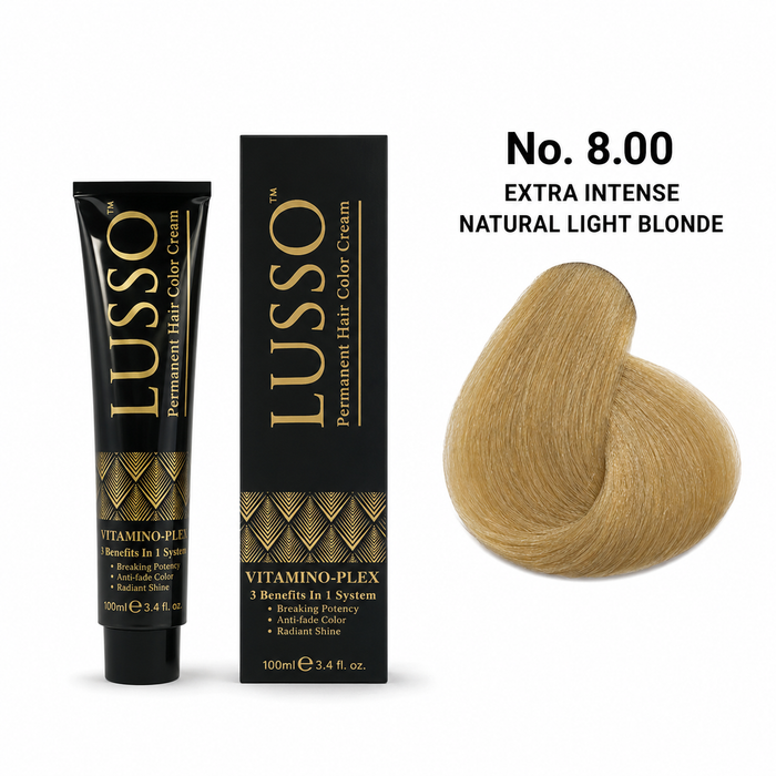 LUSSO Permanent Hair Colour Cream 100 ml No. 8.00 Extra Intense Natural Light Blonde with colour swatch