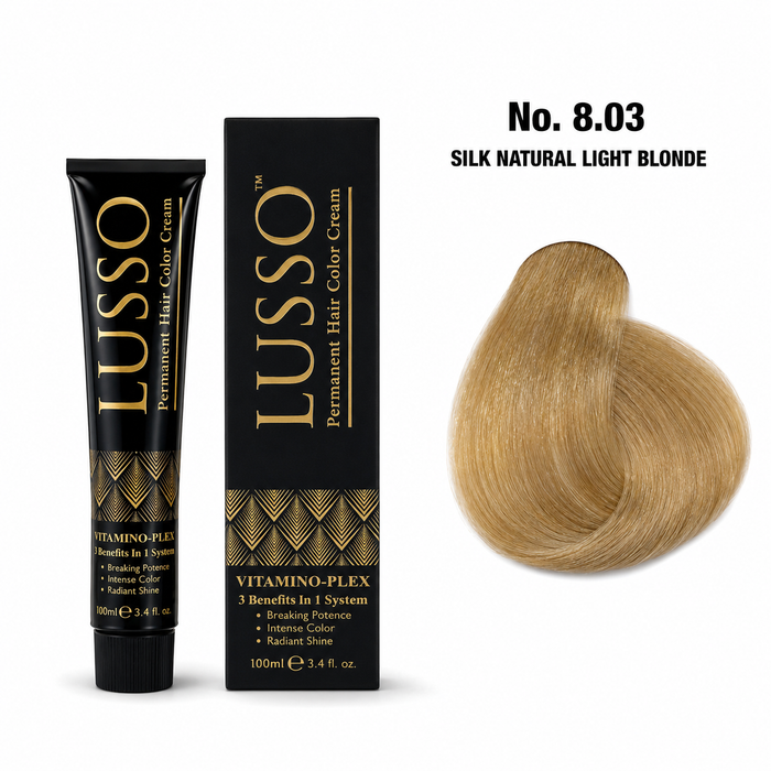 LUSSO Permanent Hair Colour Cream 100 ml No. 8.03 Silk Natural Light Blonde with colour swatch