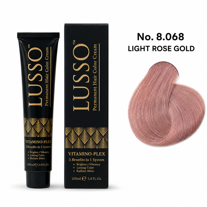 LUSSO Permanent Hair Colour Cream 100 ml No. 8.068 Light Rose Gold with colour swatch