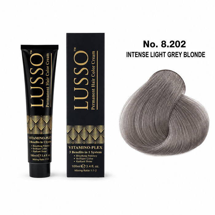 LUSSO Permanent Hair Colour Cream 100 ml No. 8.202 Intense Light Grey Blonde with colour swatch