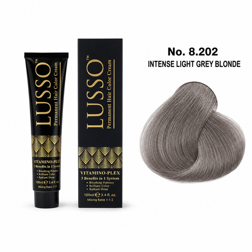 LUSSO Permanent Hair Colour Cream 100 ml No. 8.202 Intense Light Grey Blonde with colour swatch