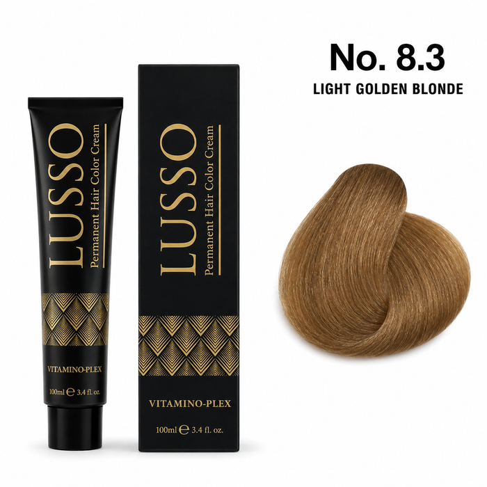 LUSSO Permanent Hair Colour Cream 100 ml No. 8.3 Light Golden Blonde with colour swatch