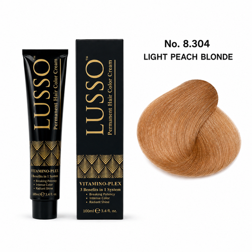 LUSSO Permanent Hair Colour Cream 100 ml No. 8.304 Light Peach Blonde with colour swatch
