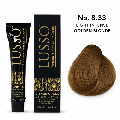 LUSSO Permanent Hair Colour Cream 100 ml No. 8.33 Light Intense Golden Blonde with colour swatch