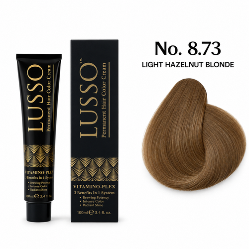 LUSSO Permanent Hair Colour Cream 100 ml No. 8.73 Light Hazelnut Blonde with colour swatch
