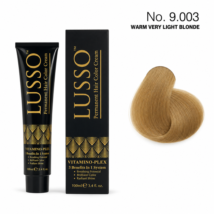 LUSSO Permanent Hair Colour Cream 100 ml No. 9.003 Warm Very Light Blonde with colour swatch