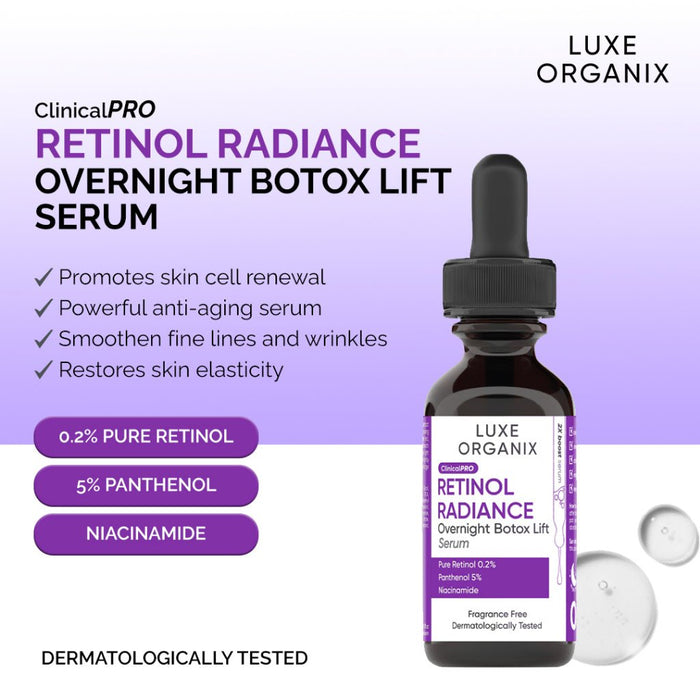 Luxe Organix Clinical Pro Retinol Radiance Serum 30ml لوكس أورجانيكس كلينيكال برو ريتينول سيروم الإشراق 30 مل - Princess Cosmetics Qatar