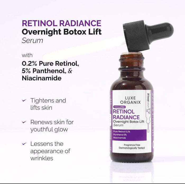 Luxe Organix Clinical Pro Retinol Radiance Serum 30ml لوكس أورجانيكس كلينيكال برو ريتينول سيروم الإشراق 30 مل - Princess Cosmetics Qatar