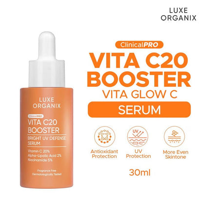 Luxe Organix Clinical Pro Vita C20 Booster Bright UV Defense Serum 30ml لوكس أورغانيكس كلينيكال برو فيتا C20 سيروم معزّز للإشراق وحماية من الأشعة فوق البنفسجية - Princess Cosmetics Qatar