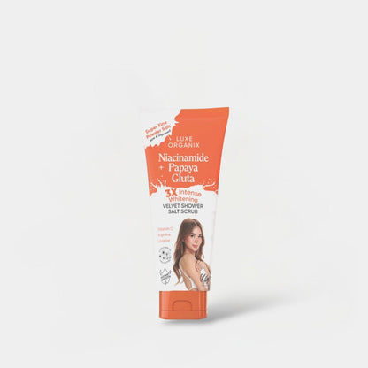 Luxe Organix Niacinamide + Papaya Gluta Velvet Shower Salt Scrub 320g مقشر الاستحمام الملحي الفاخر من لوكس أورجانيكس بالنياسيناميد والبابايا والغلوتا - Princess Cosmetics Qatar