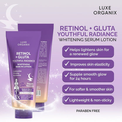 Luxe Organix Retinol + Gluta Whitening Serum Lotion 350ml لوكس أورجانيكس ريتينول + جلوتا سيروم لوشن للتفتيح 350 مل - Princess Cosmetics Qatar