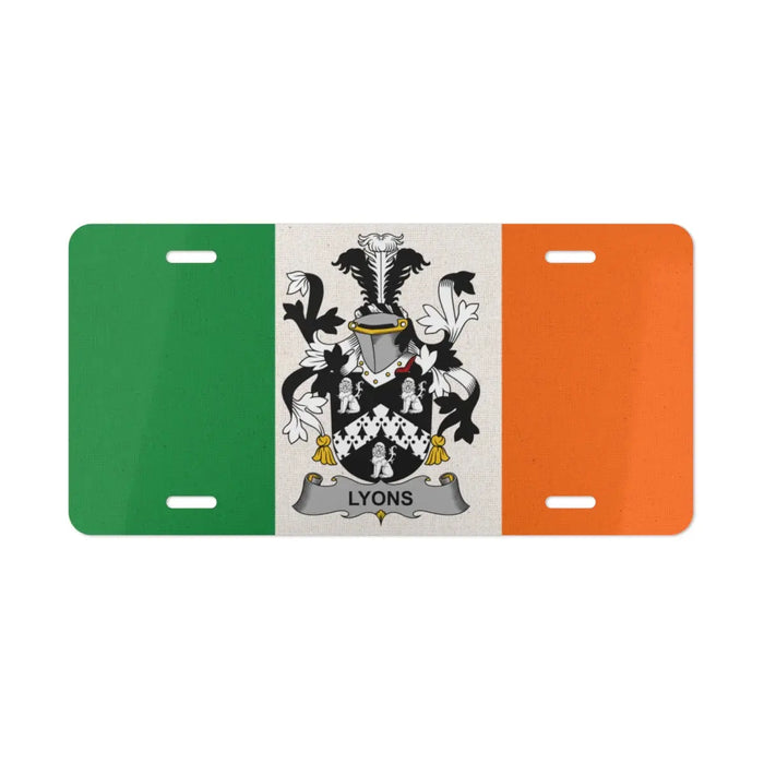 Irish flag license plate featuring the Lyons family crest