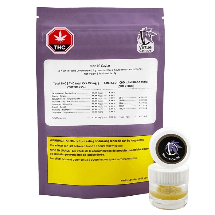 Rear view of a purple pouch and small clear jar labeled Mac 10 Caviar, pouch fronting white and yellow info panels and a Virtue Cannabis logo.
