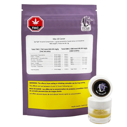 Rear view of a purple pouch and small clear jar labeled Mac 10 Caviar, pouch fronting white and yellow info panels and a Virtue Cannabis logo.