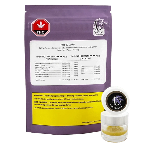 Rear view of a purple pouch and small clear jar labeled Mac 10 Caviar, pouch fronting white and yellow info panels and a Virtue Cannabis logo.