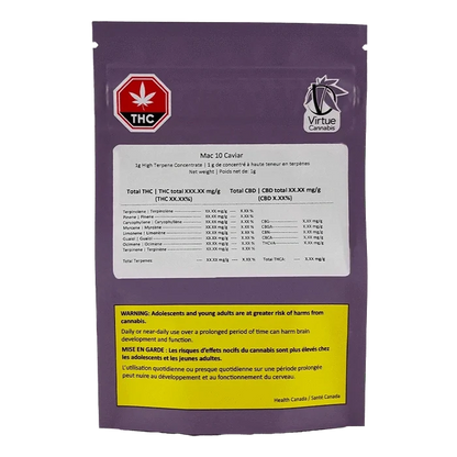 Rear view of a purple packet labeled Mac 10 Caviar with a white nutrition-style sticker, THC symbol and yellow warning box at the bottom