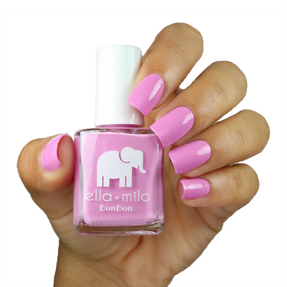 Macaruin My Diet pastel pink nail polish manicure on a light skin tone with the bottle