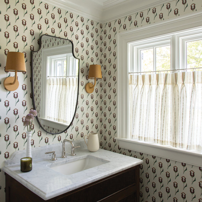 Annabelle Maroon wallpaper in a bright bathroom, made to order and manufactured in the USA with short lead times