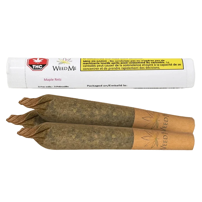 Three pre-rolled cannabis joints in brown paper shown below a white tube labeled Maple RNTZ PR 3 x 0.5 g, photographed on a plain white background.